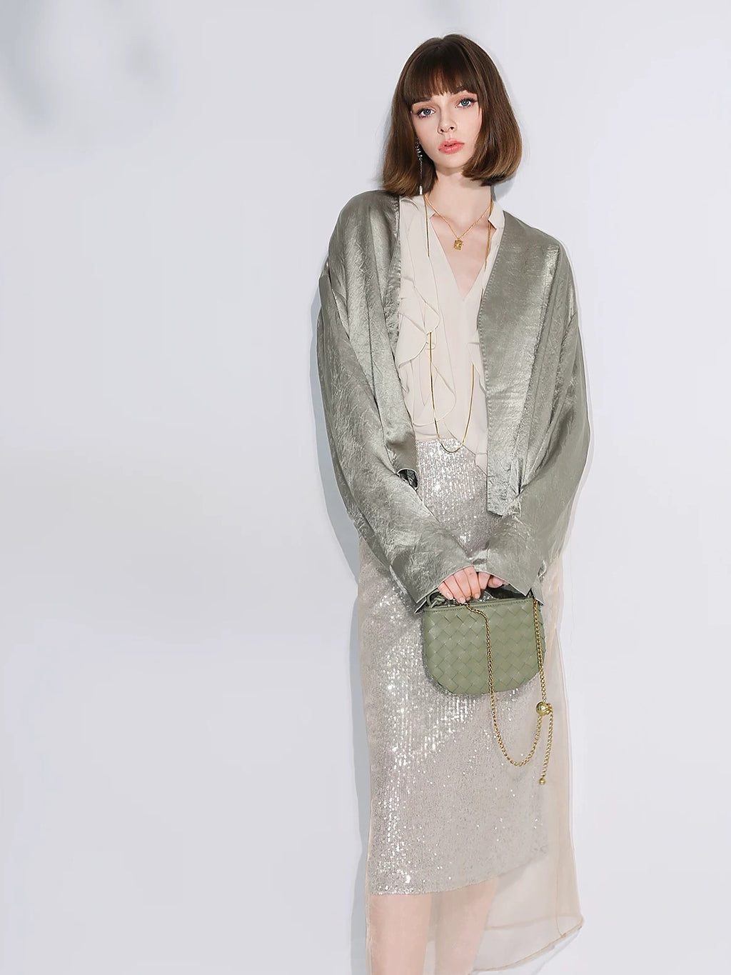 COCOBELLA Shimmer Sequin Mesh Elegant Straight Mid Waist Women Office Beige Skirts