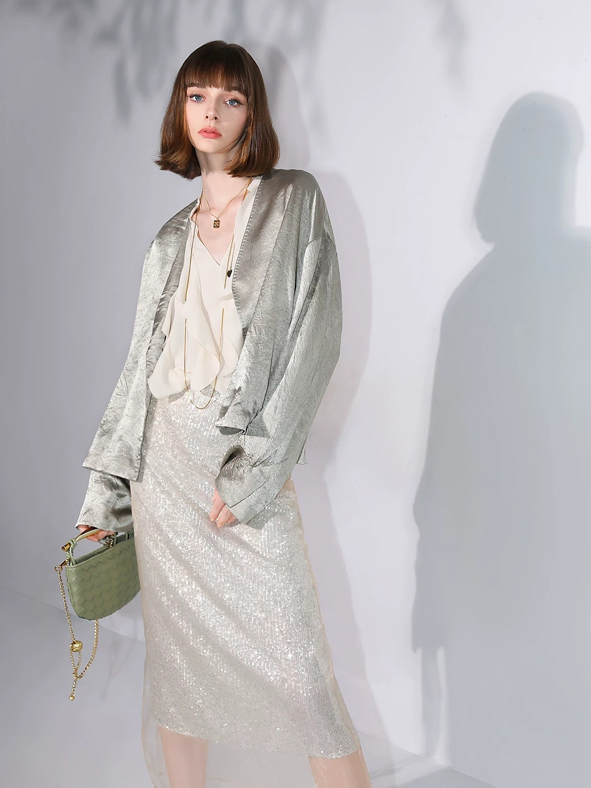 COCOBELLA Shimmer Sequin Mesh Elegant Straight Mid Waist Women Office Beige Skirts