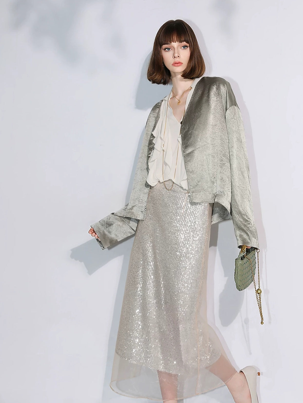 COCOBELLA Shimmer Sequin Mesh Elegant Straight Mid Waist Women Office Beige Skirts