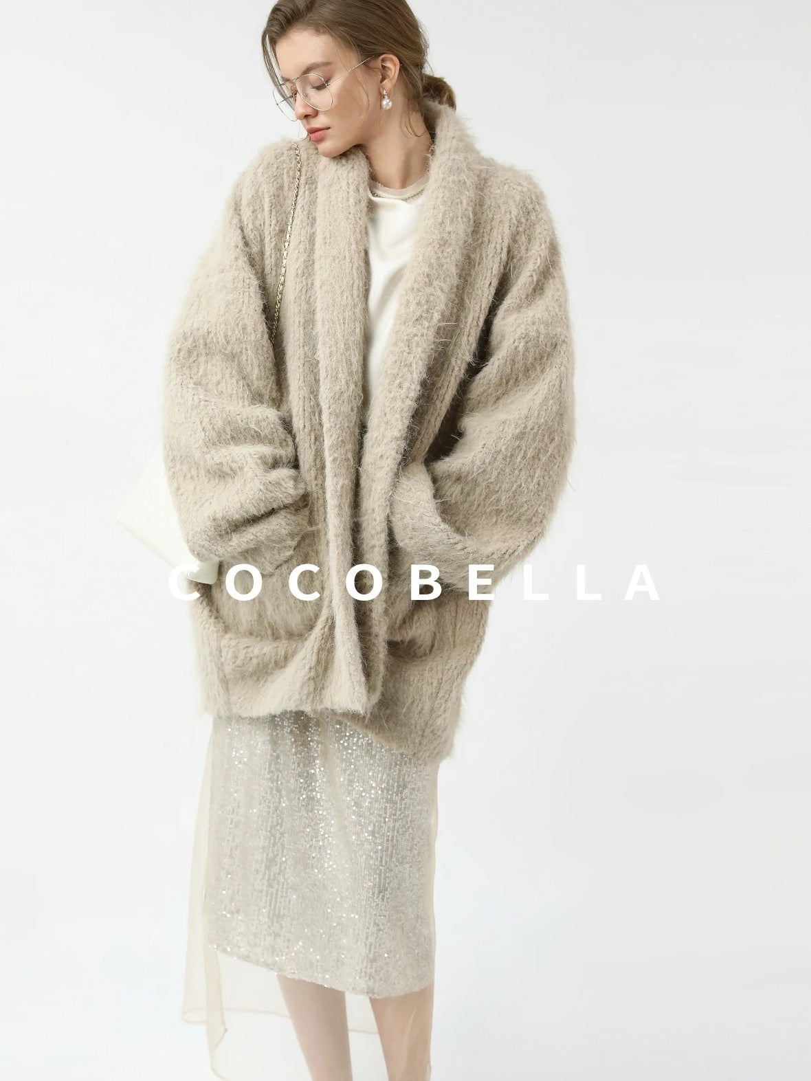 COCOBELLA Shimmer Sequin Mesh Elegant Straight Mid Waist Women Office Beige Skirts