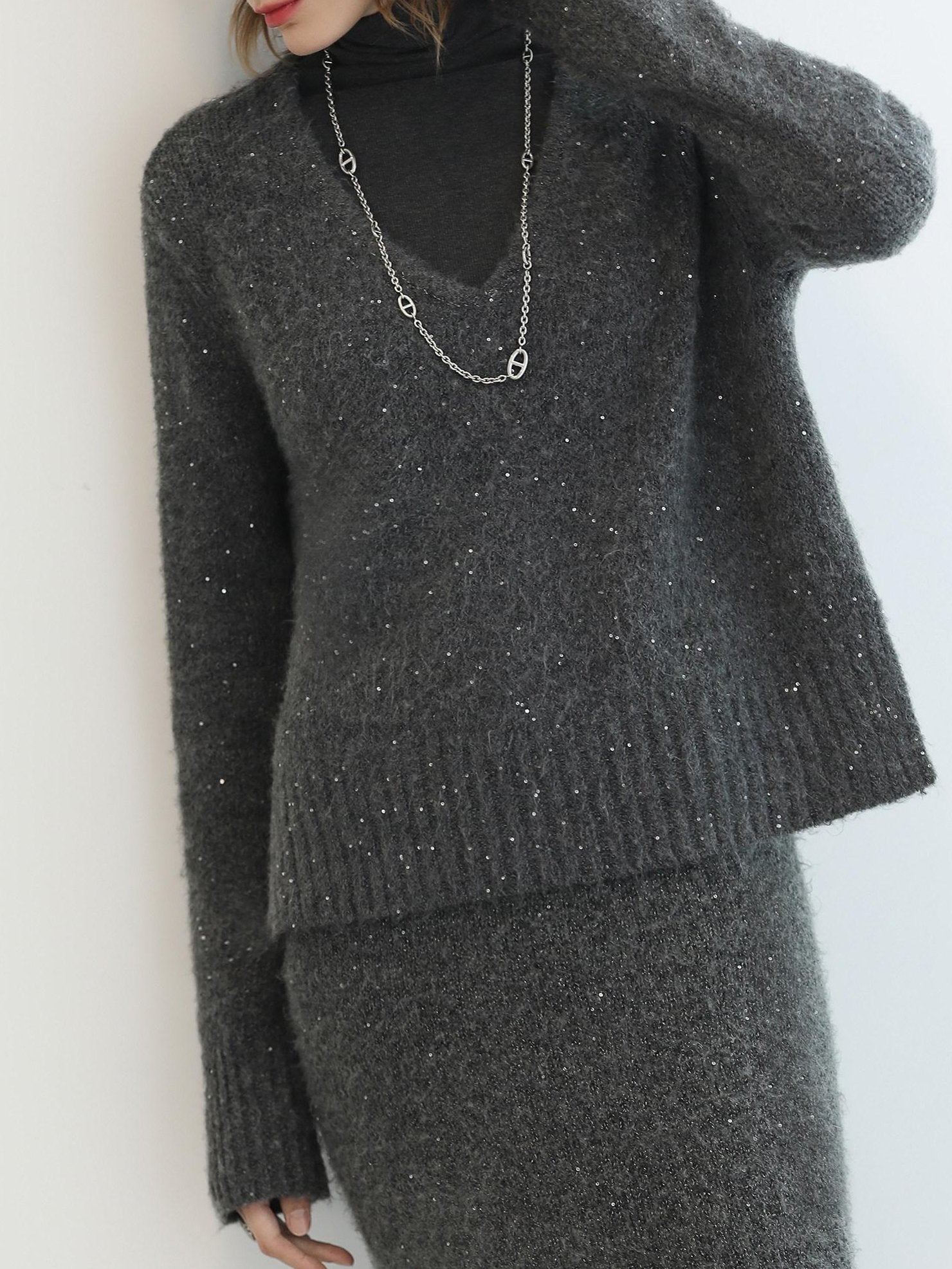 COCOBELLA Shimmer Sequin Straight Cut Office V Neck Knit Classic Sweater