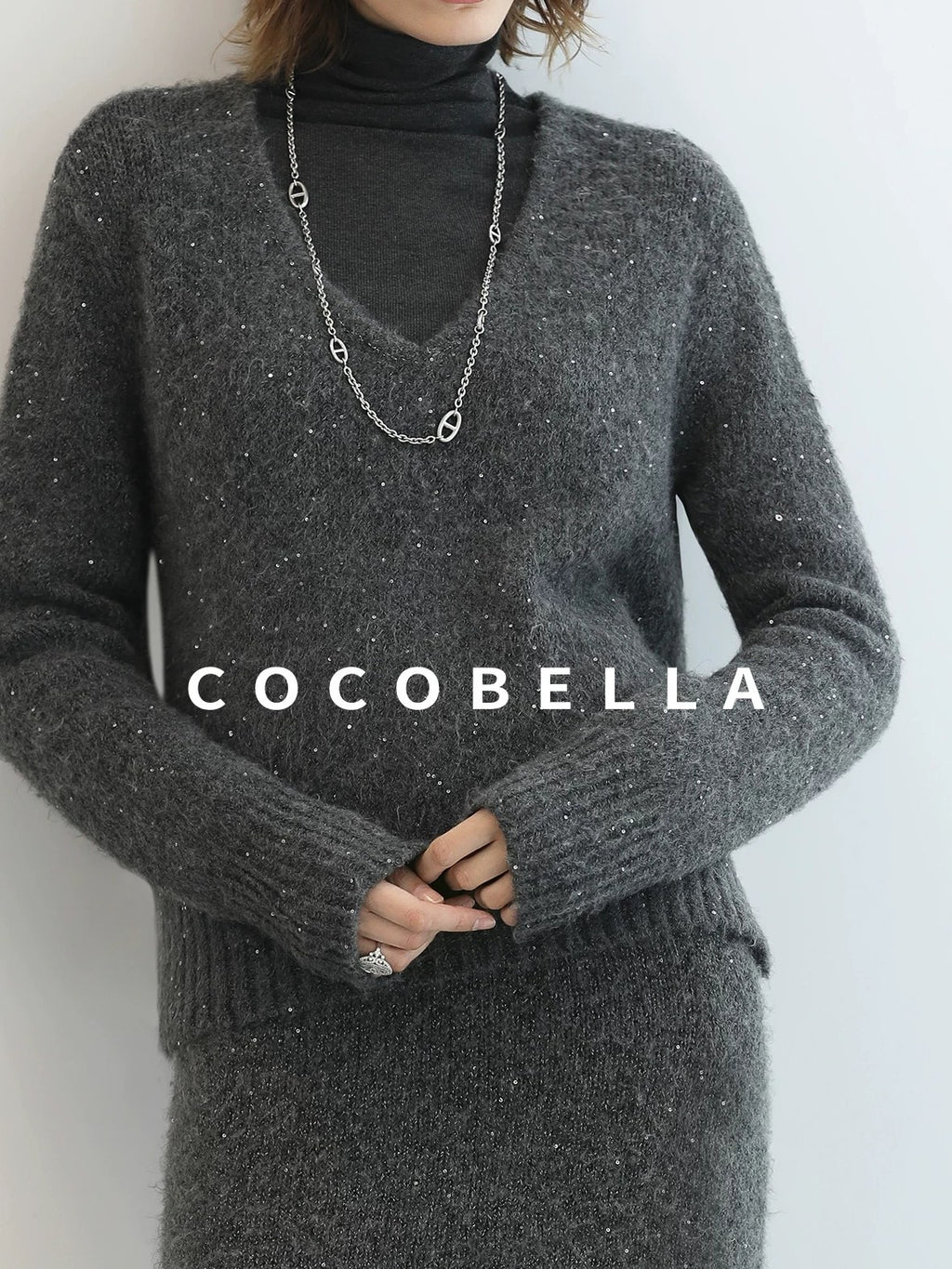 COCOBELLA Shimmer Sequin Straight Cut Office V Neck Knit Classic Sweater