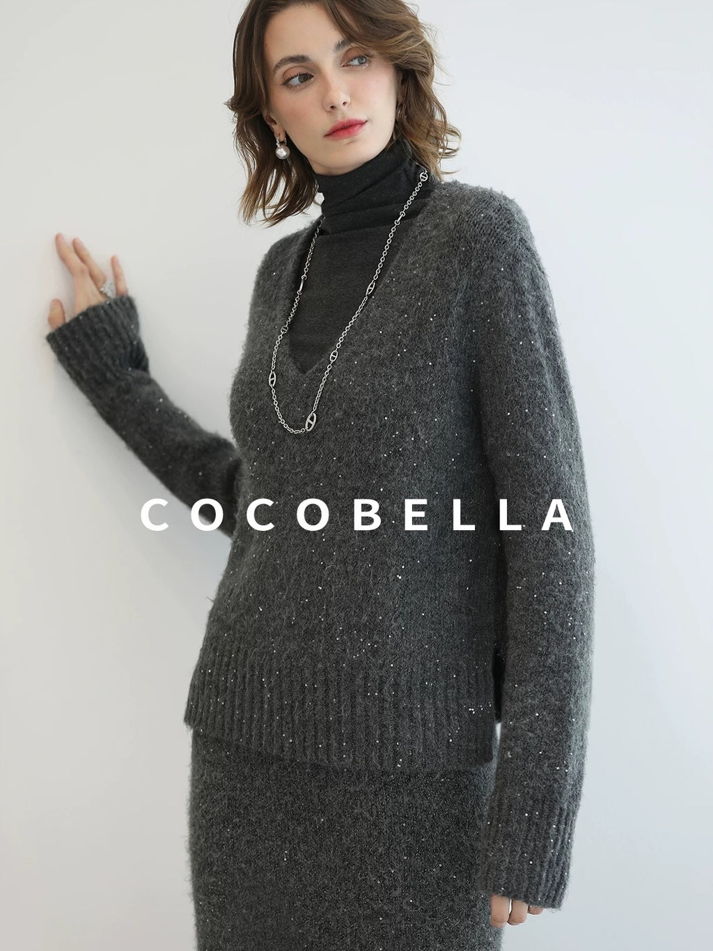 COCOBELLA Shimmer Sequin Straight Cut Office V Neck Knit Classic Sweater
