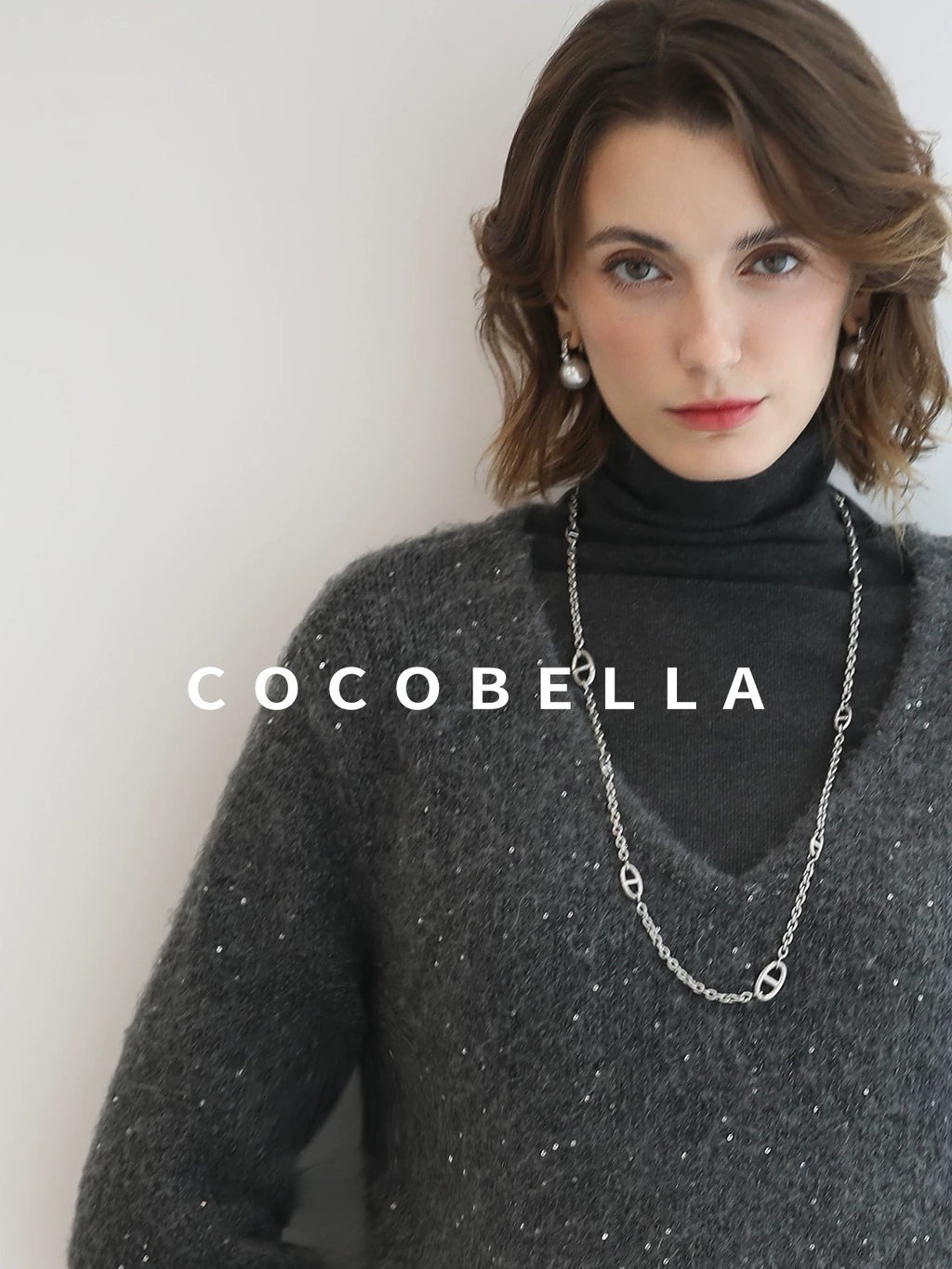 COCOBELLA Shimmer Sequin Straight Cut Office V Neck Knit Classic Sweater