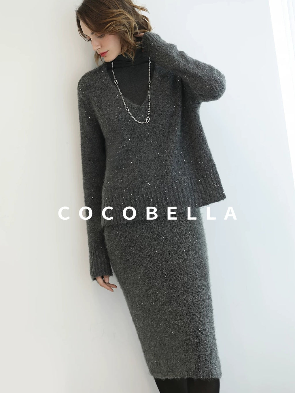 COCOBELLA Shimmer Sequin Straight Cut Office V Neck Knit Classic Sweater