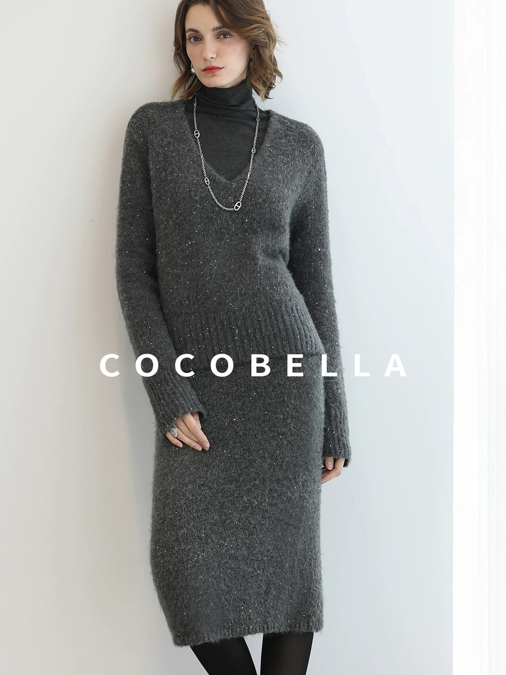 COCOBELLA Shimmer Sequin Straight Cut Office V Neck Knit Classic Sweater