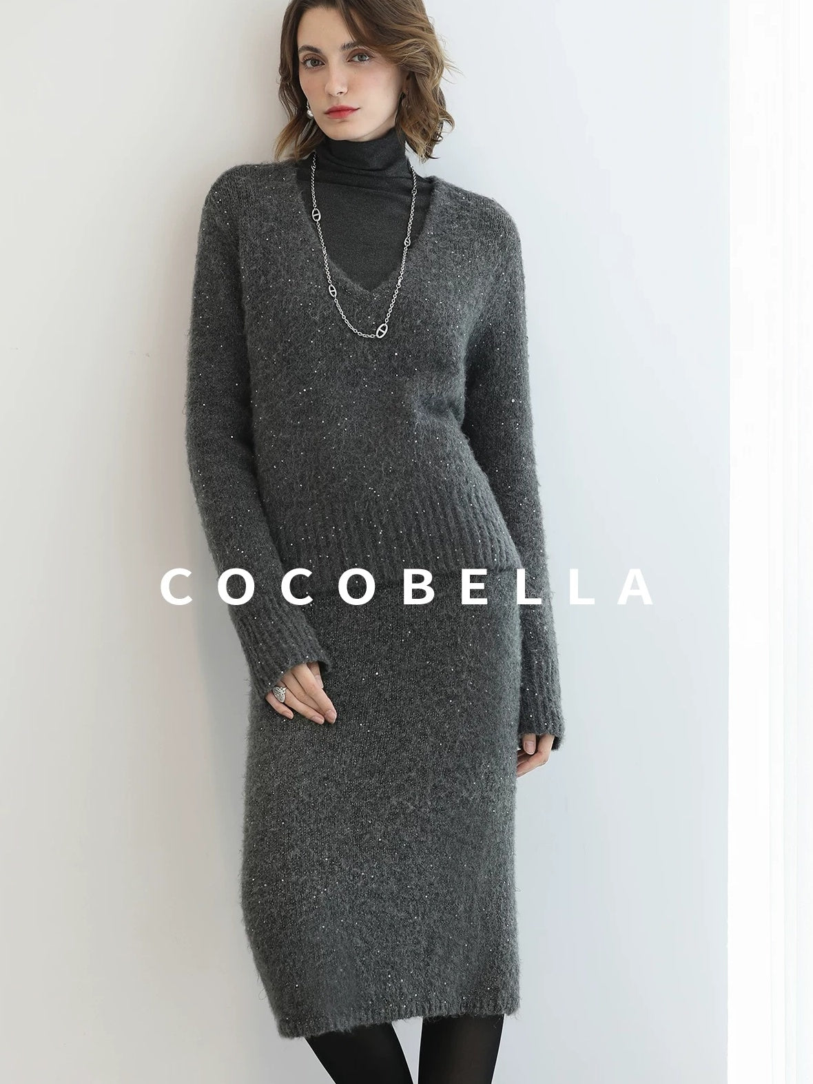 COCOBELLA Shimmer Sequin Straight Cut Office V Neck Knit Classic Sweater