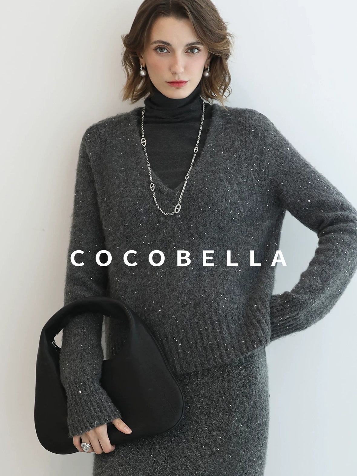 COCOBELLA Shimmer Sequin Straight Cut Office V Neck Knit Classic Sweater