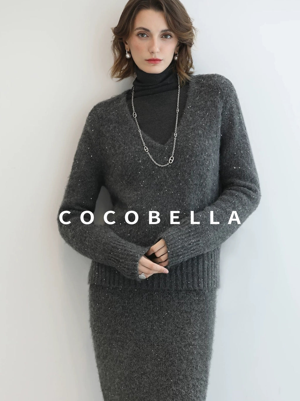 COCOBELLA Shimmer Sequin Straight Cut Office V Neck Knit Classic Sweater