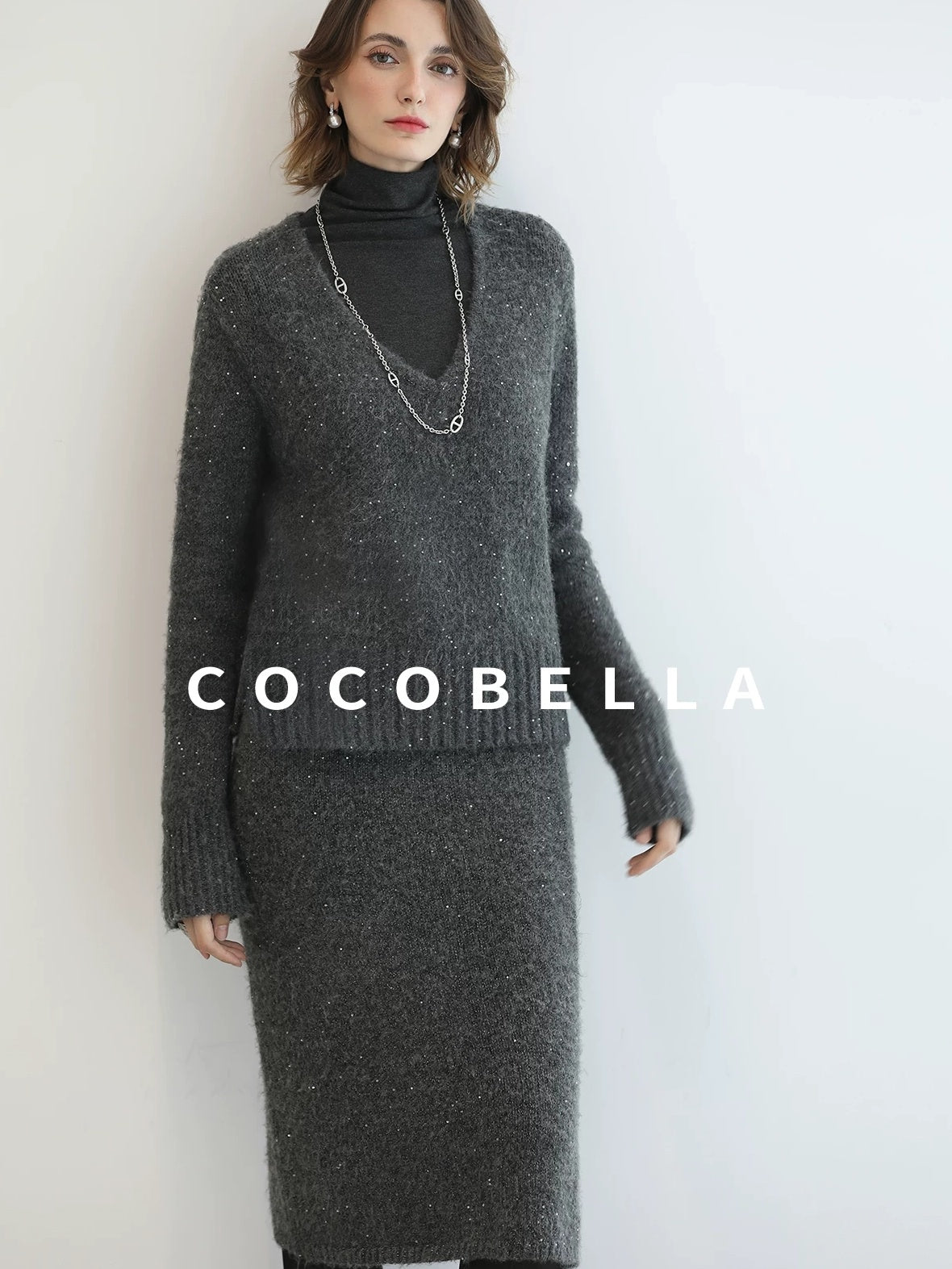 COCOBELLA Shimmer Sequin Straight Cut Office V Neck Knit Classic Sweater