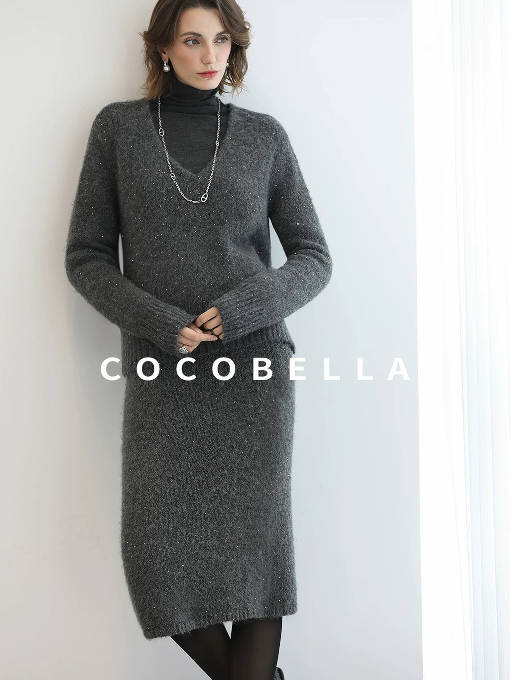 COCOBELLA Shimmer Sequin Straight Cut Office V Neck Knit Classic Sweater