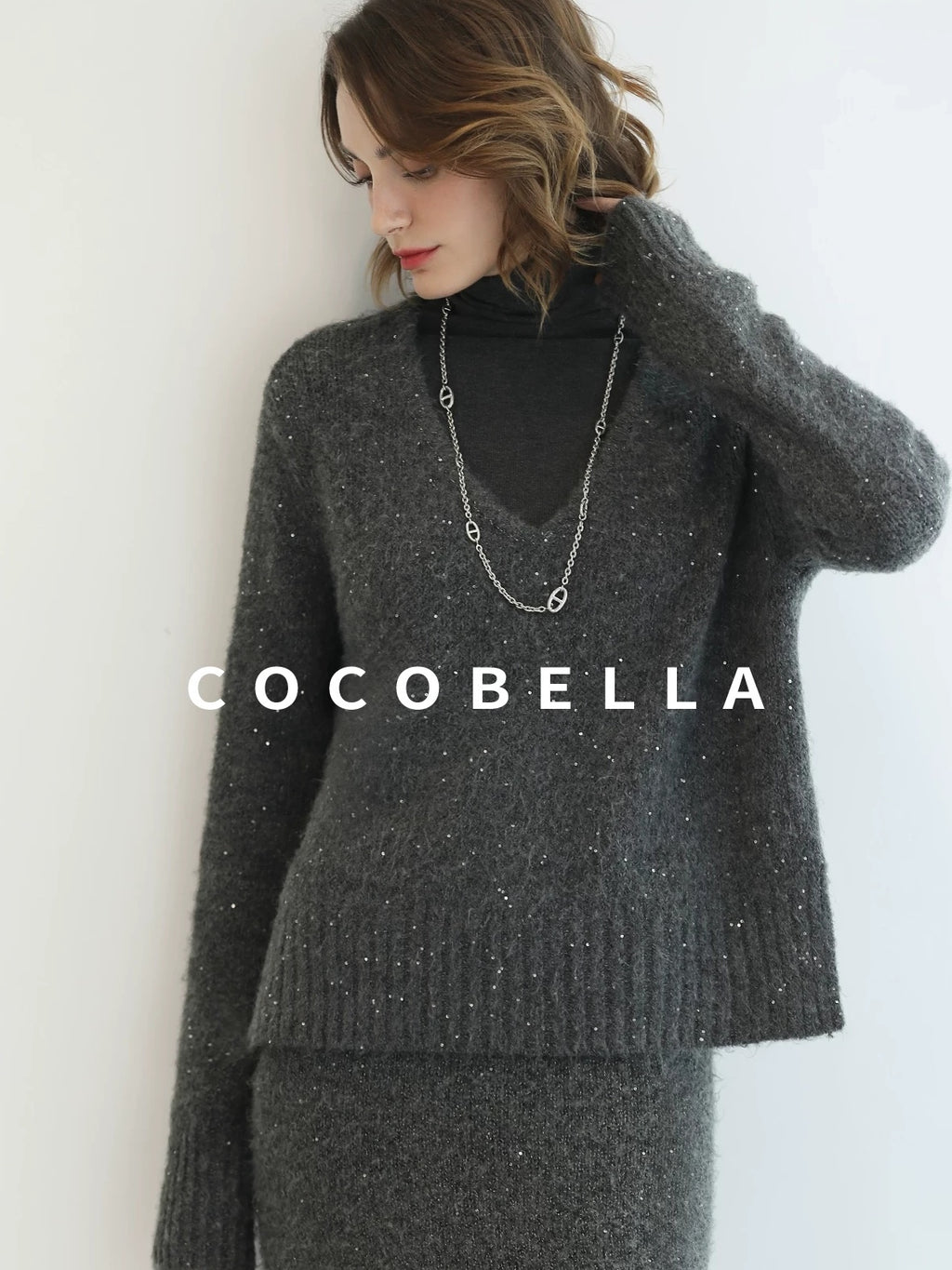 COCOBELLA Shimmer Sequin Straight Cut Office V Neck Knit Classic Sweater