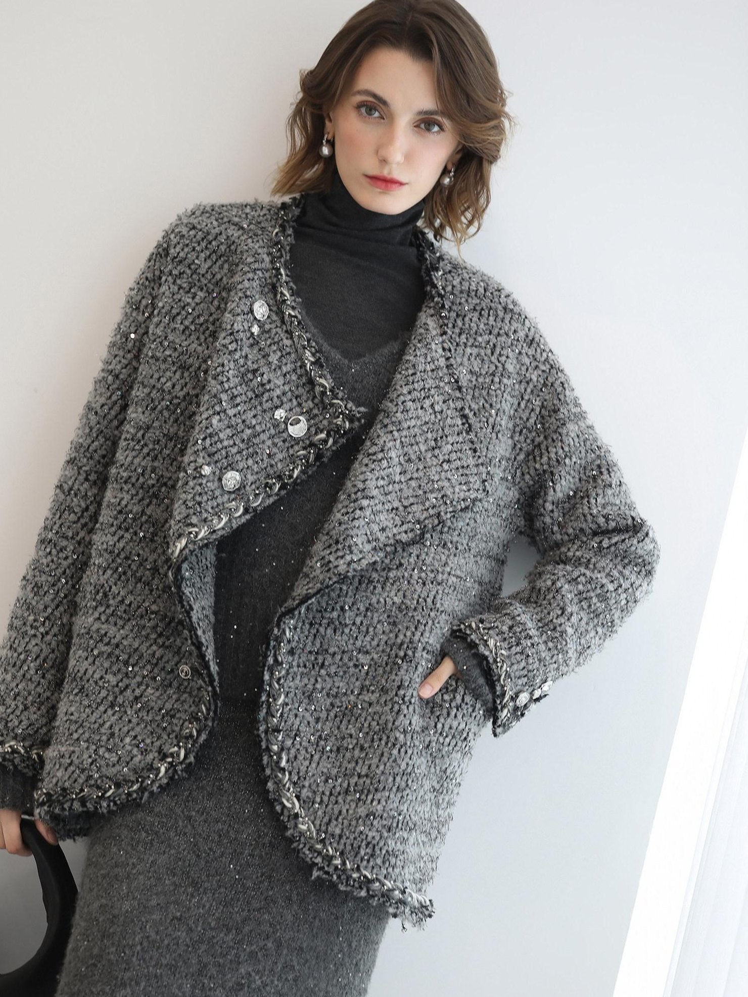 COCOBELLA Shimmer Sequin Straight Cut Office V Neck Knit Classic Sweater