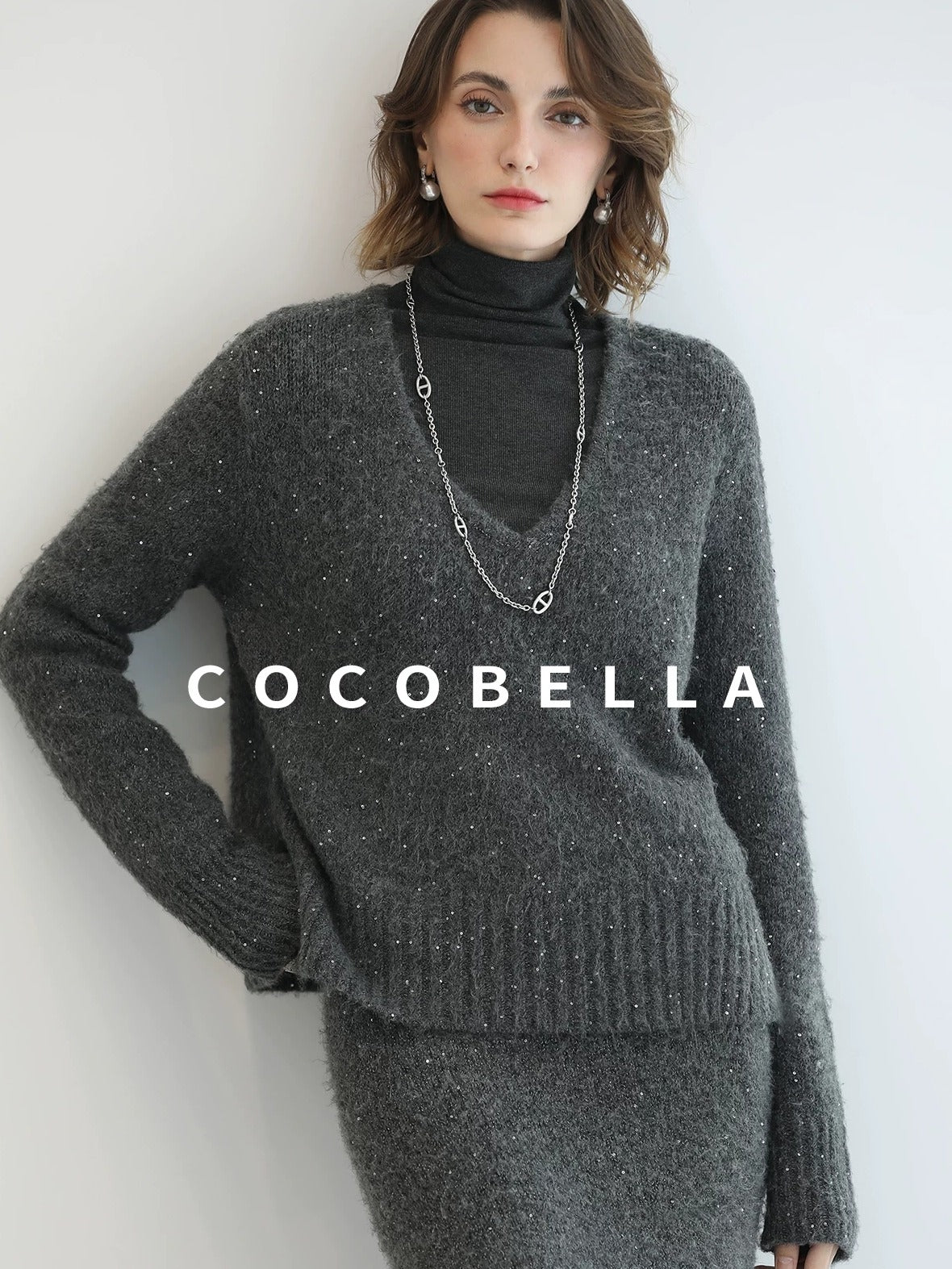 COCOBELLA Shimmer Sequin Straight Cut Office V Neck Knit Classic Sweater