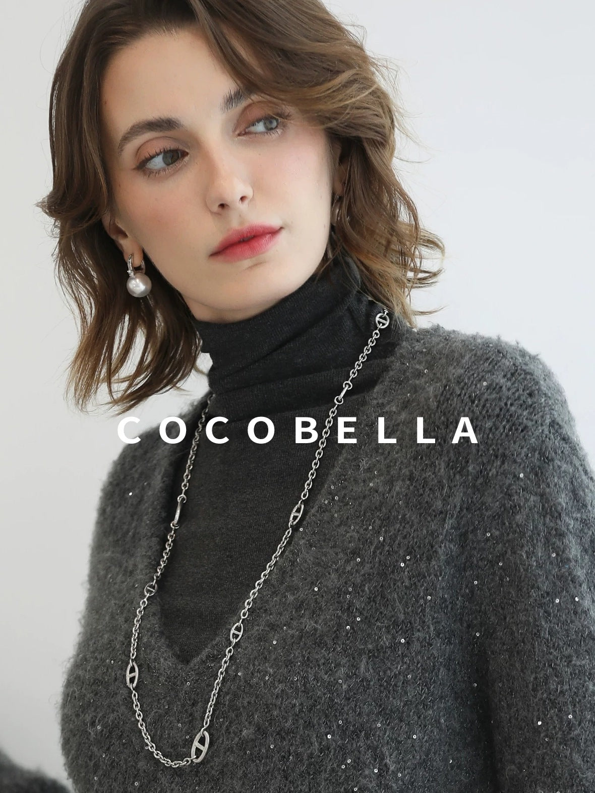 COCOBELLA Shimmer Sequin Straight Cut Office V Neck Knit Classic Sweater