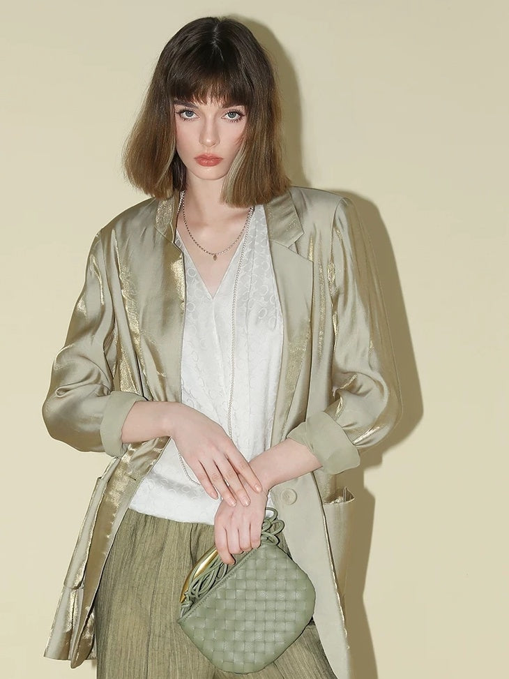 COCOBELLA Shimmery Viscose Blend Straight Fit Longline Pockets One Button Office Blazers