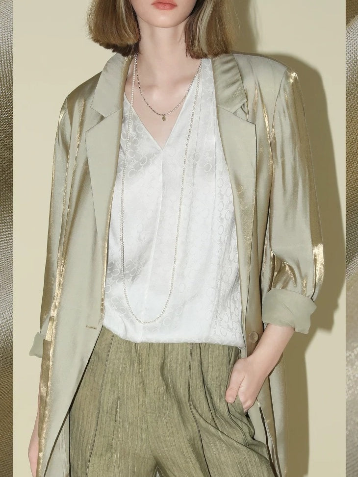 COCOBELLA Shimmery Viscose Blend Straight Fit Longline Pockets One Button Office Blazers