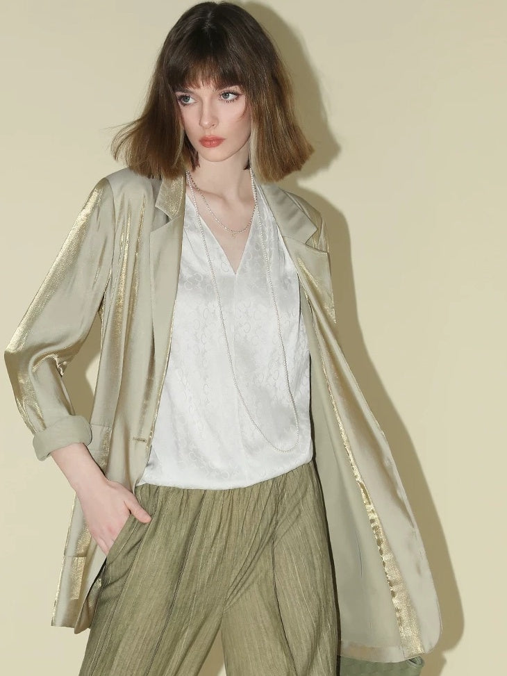 COCOBELLA Shimmery Viscose Blend Straight Fit Longline Pockets One Button Office Blazers