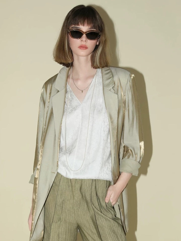 COCOBELLA Shimmery Viscose Blend Straight Fit Longline Pockets One Button Office Blazers