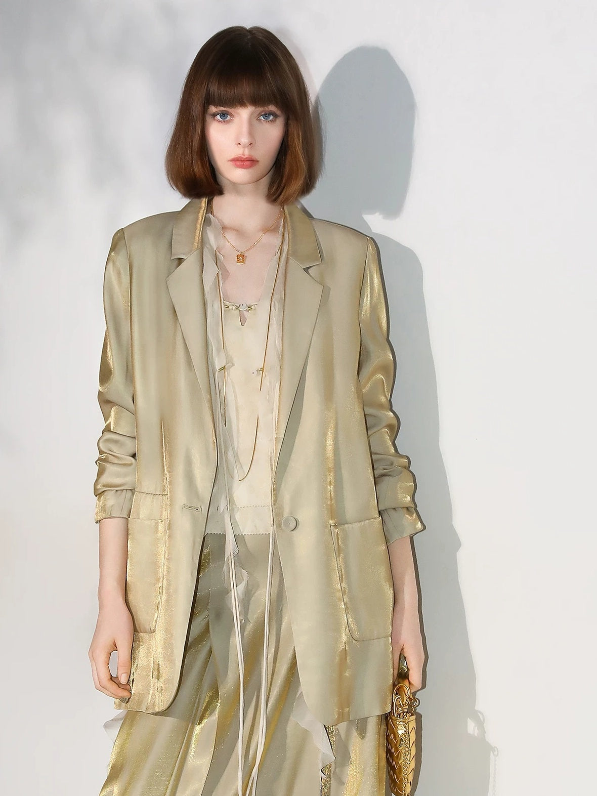 COCOBELLA Shimmery Viscose Blend Straight Fit Longline Pockets One Button Office Blazers