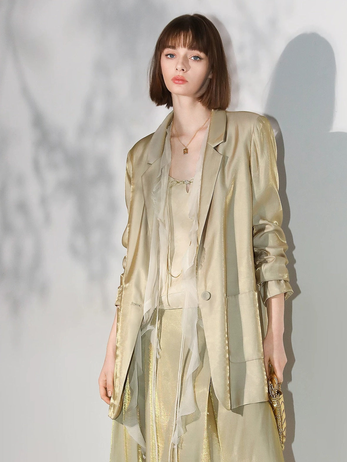 COCOBELLA Shimmery Viscose Blend Straight Fit Longline Pockets One Button Office Blazers