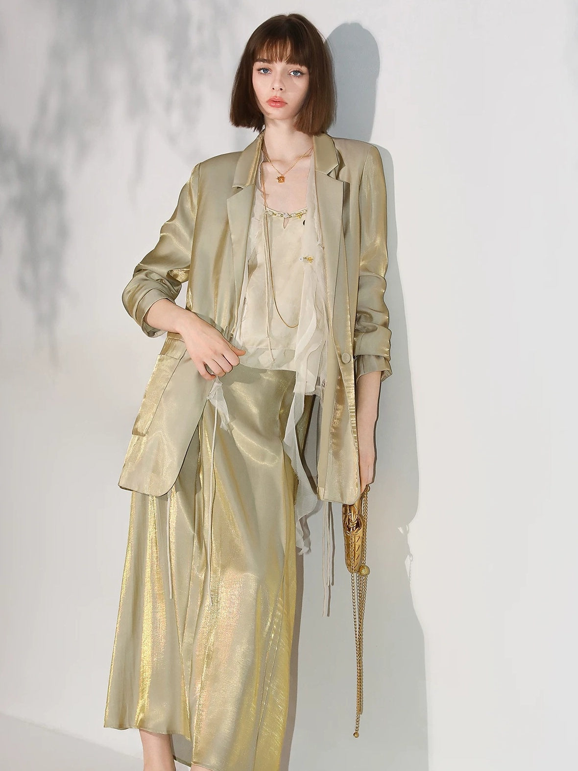 COCOBELLA Shimmery Viscose Blend Straight Fit Longline Pockets One Button Office Blazers