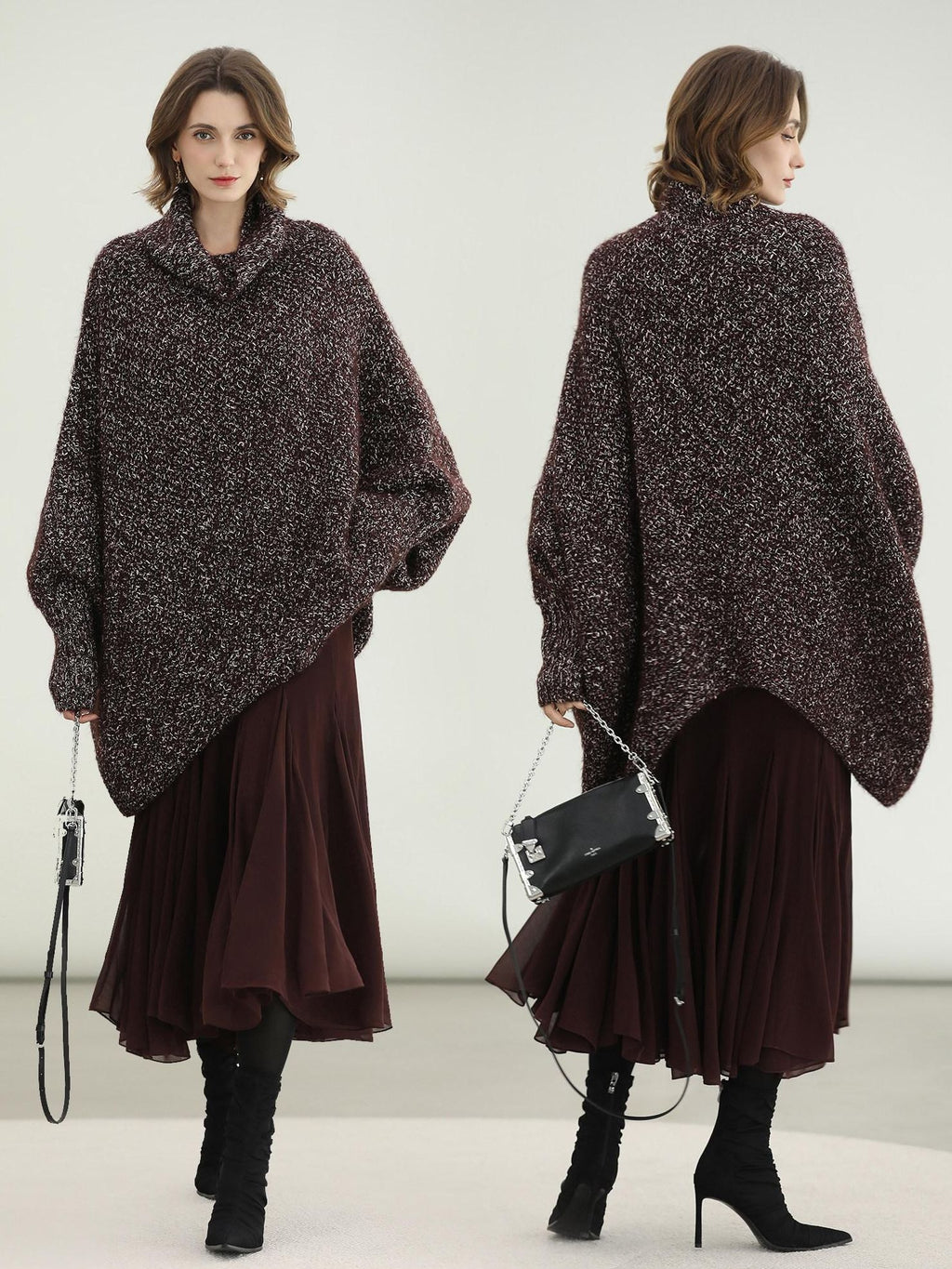 COCOBELLA Shiny Fancy Yarn Knit Office Loose Fit Batwing Long Sleeve High Neck Dresses