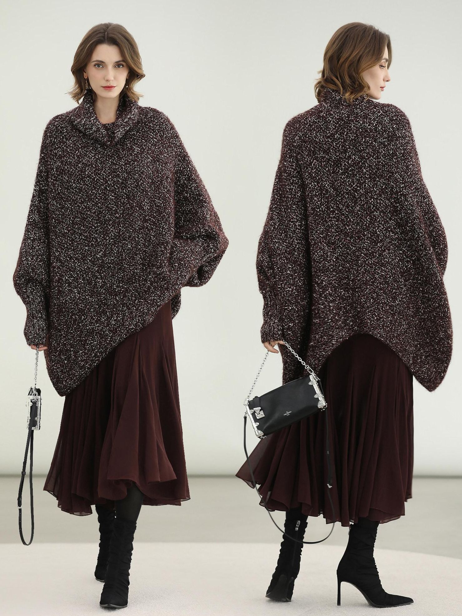 COCOBELLA Shiny Fancy Yarn Knit Office Loose Fit Batwing Long Sleeve High Neck Dresses