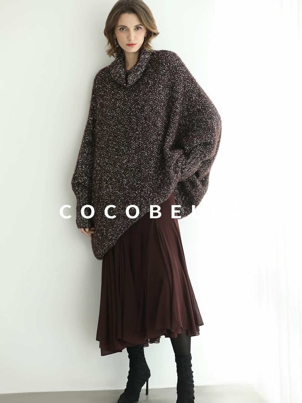 COCOBELLA Shiny Fancy Yarn Knit Office Loose Fit Batwing Long Sleeve High Neck Dresses