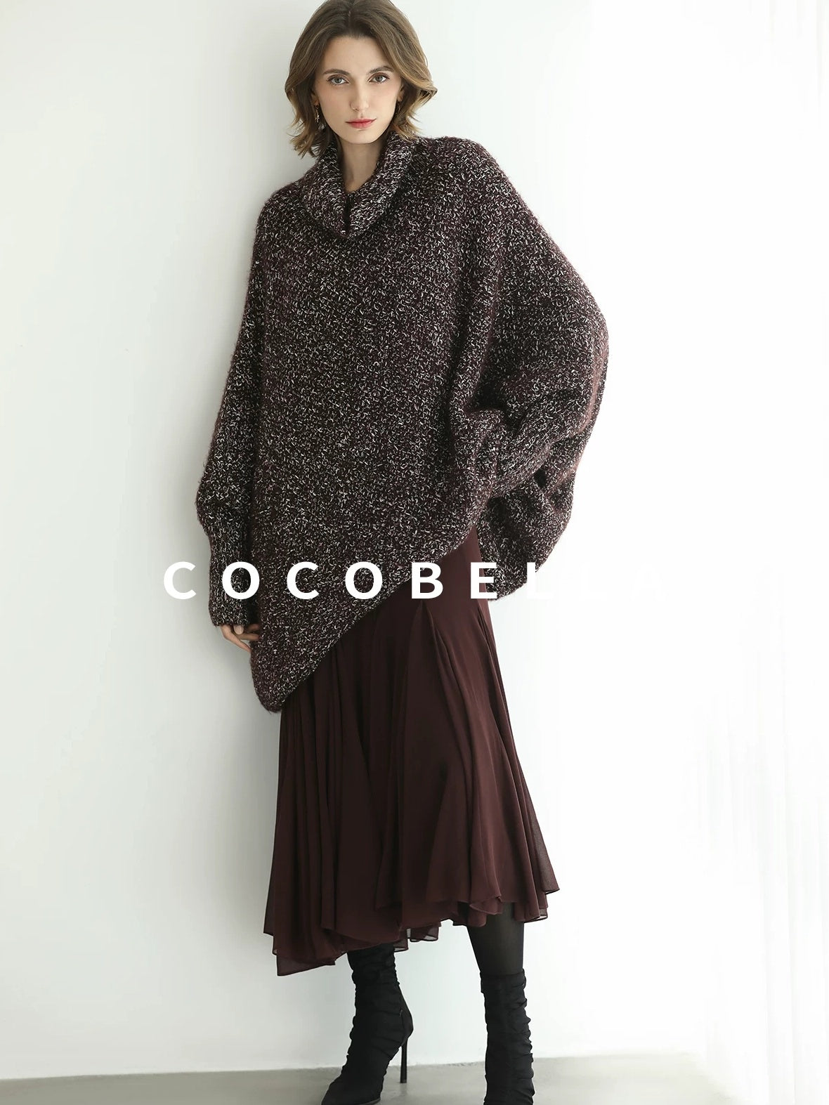 COCOBELLA Shiny Fancy Yarn Knit Office Loose Fit Batwing Long Sleeve High Neck Dresses
