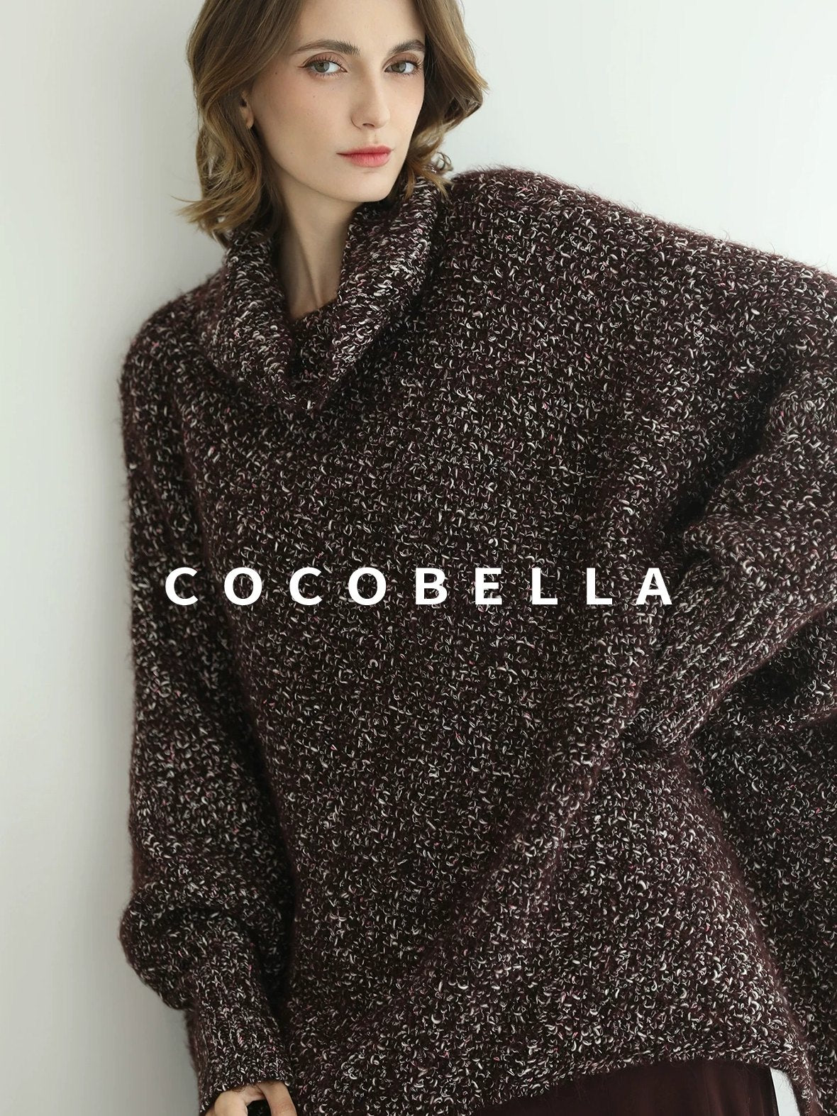 COCOBELLA Shiny Fancy Yarn Knit Office Loose Fit Batwing Long Sleeve High Neck Dresses