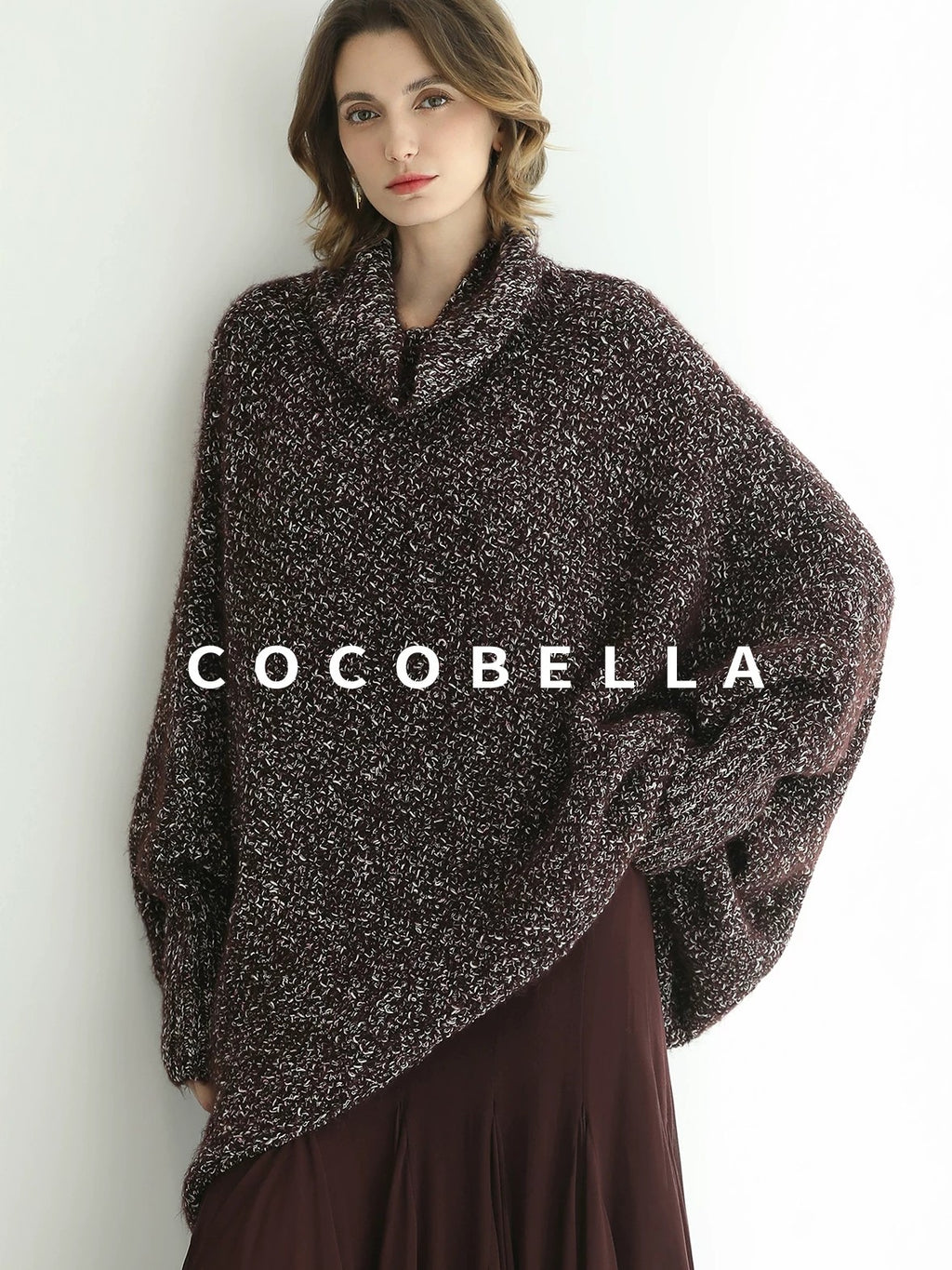 COCOBELLA Shiny Fancy Yarn Knit Office Loose Fit Batwing Long Sleeve High Neck Dresses