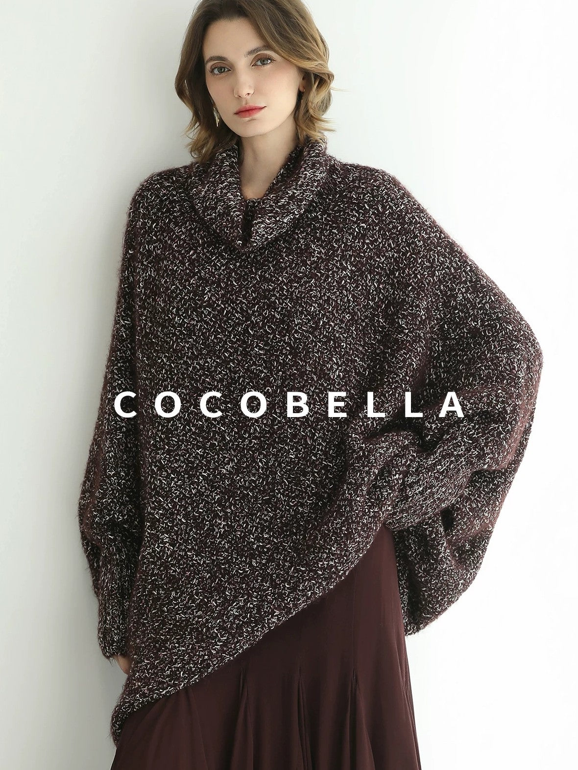 COCOBELLA Shiny Fancy Yarn Knit Office Loose Fit Batwing Long Sleeve High Neck Dresses