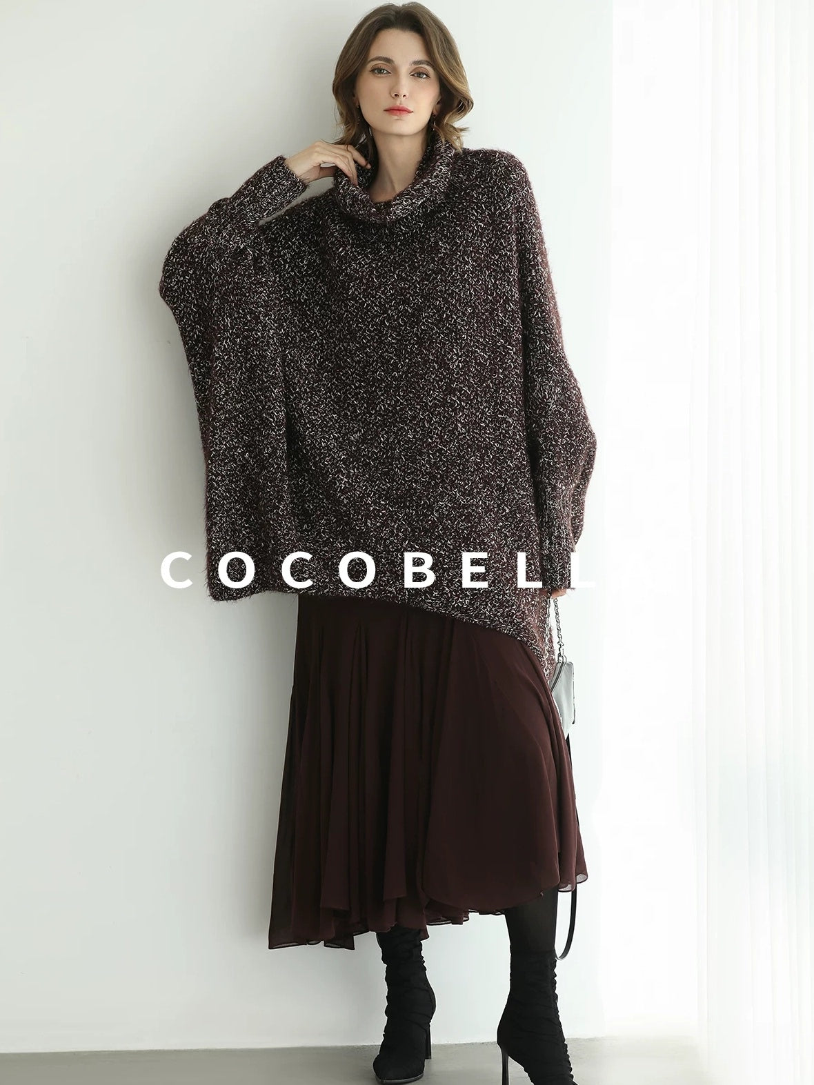 COCOBELLA Shiny Fancy Yarn Knit Office Loose Fit Batwing Long Sleeve High Neck Dresses