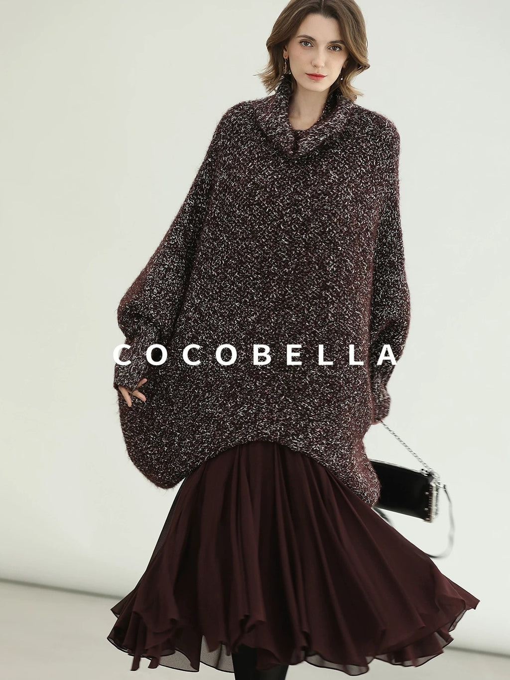 COCOBELLA Shiny Fancy Yarn Knit Office Loose Fit Batwing Long Sleeve High Neck Dresses