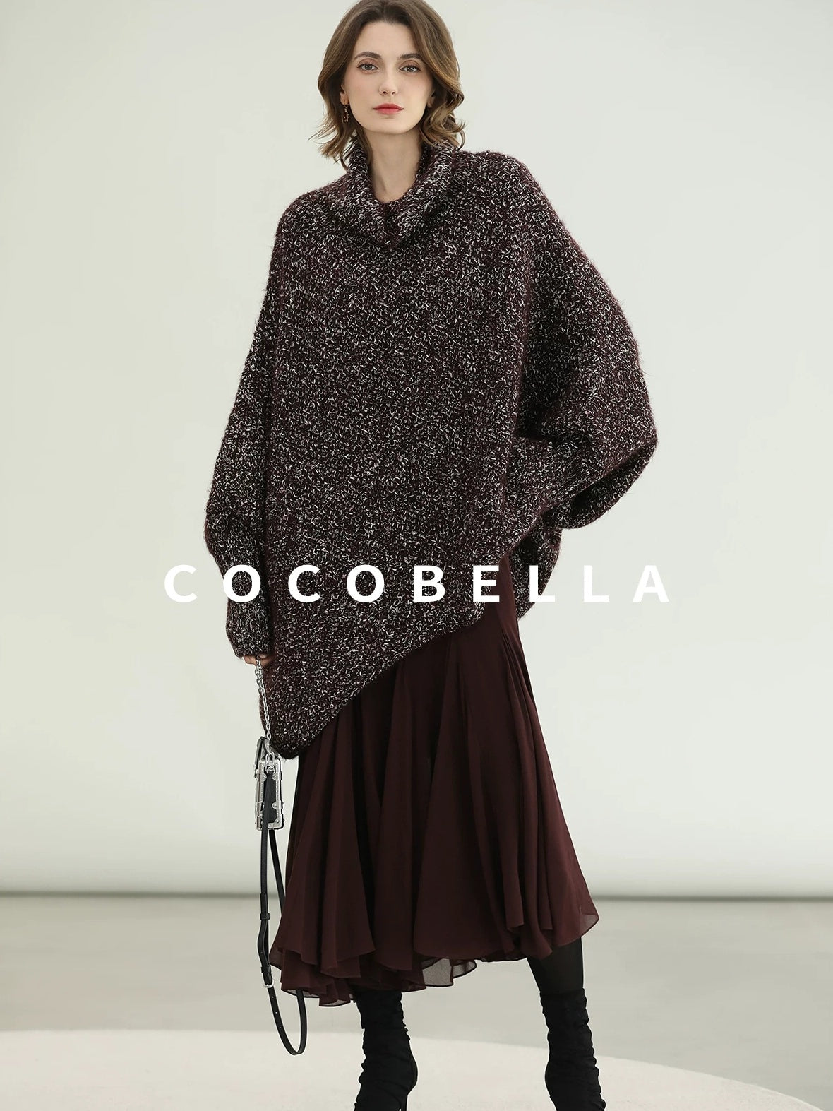 COCOBELLA Shiny Fancy Yarn Knit Office Loose Fit Batwing Long Sleeve High Neck Dresses