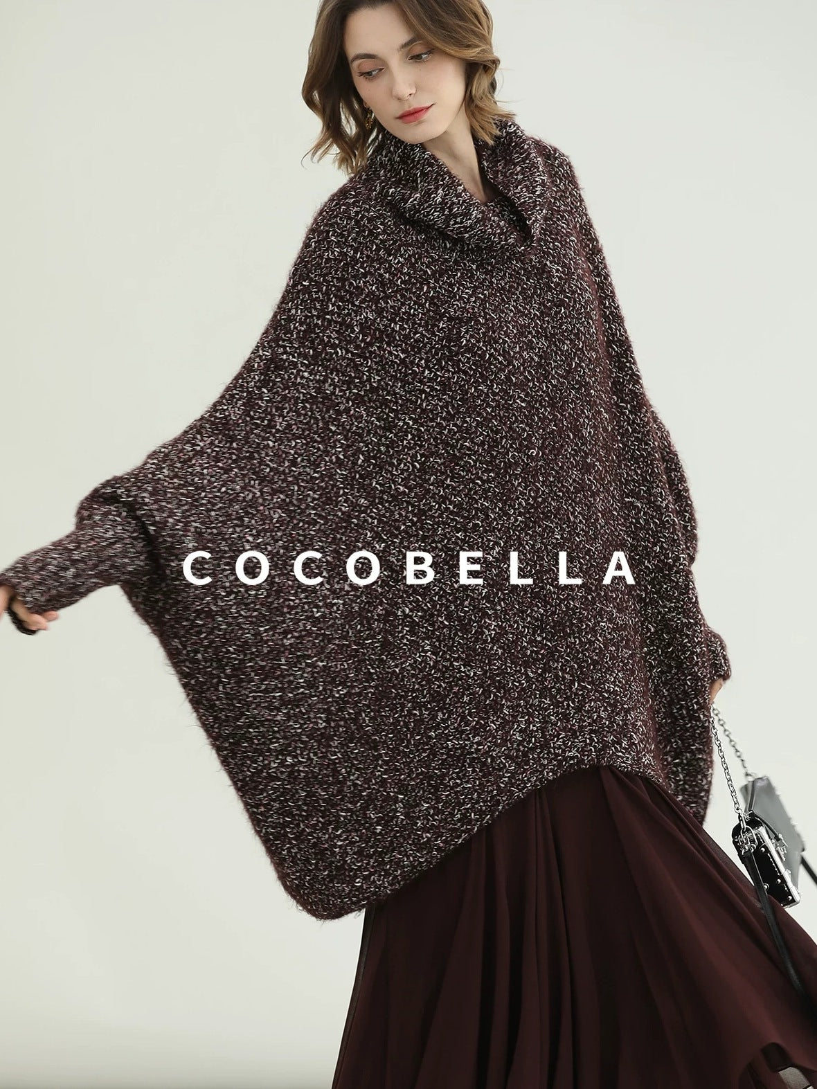 COCOBELLA Shiny Fancy Yarn Knit Office Loose Fit Batwing Long Sleeve High Neck Dresses