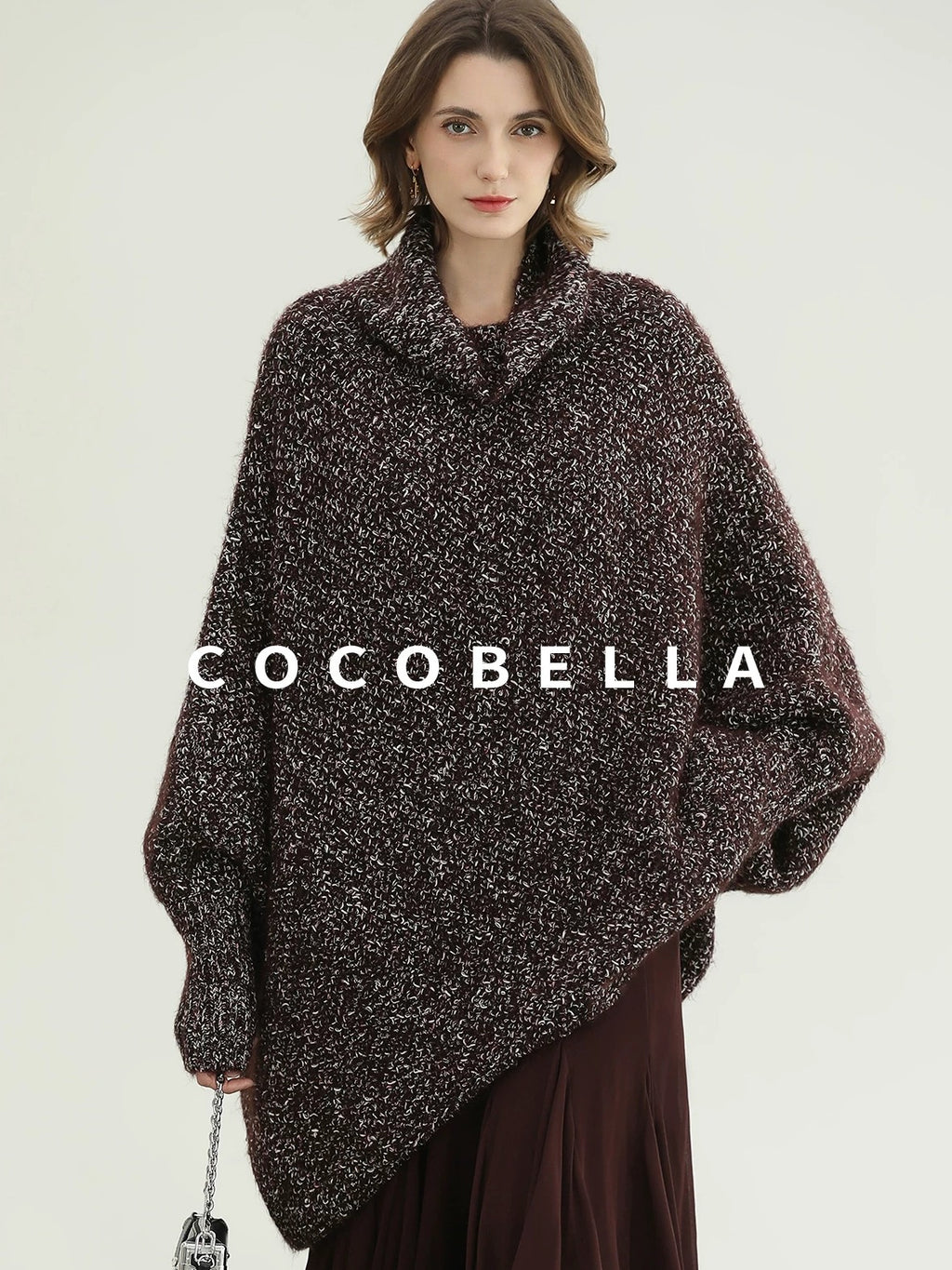 COCOBELLA Shiny Fancy Yarn Knit Office Loose Fit Batwing Long Sleeve High Neck Dresses