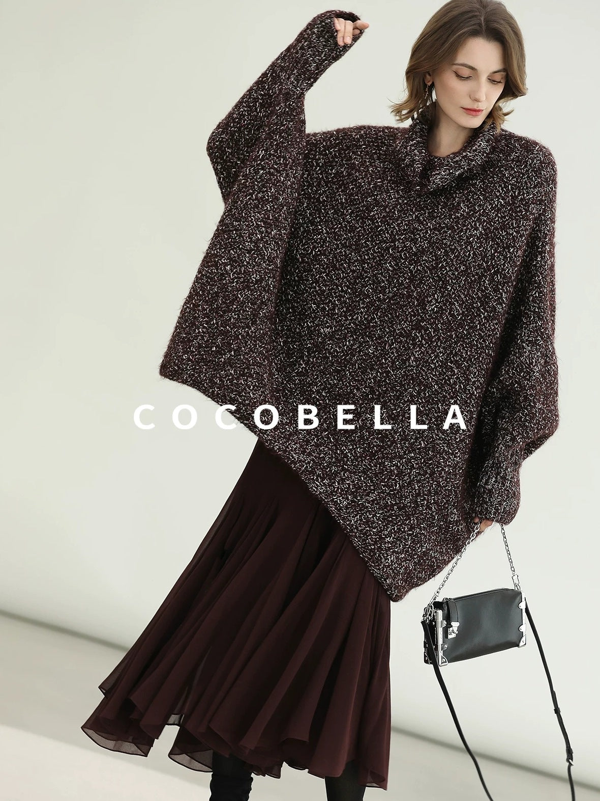 COCOBELLA Shiny Fancy Yarn Knit Office Loose Fit Batwing Long Sleeve High Neck Dresses