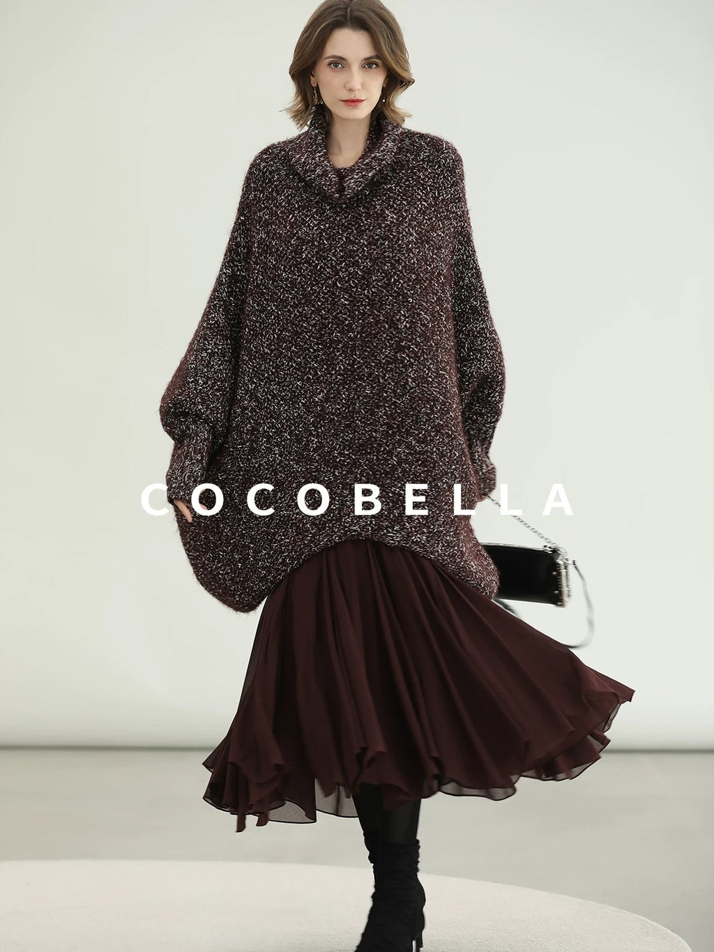COCOBELLA Shiny Fancy Yarn Knit Office Loose Fit Batwing Long Sleeve High Neck Dresses