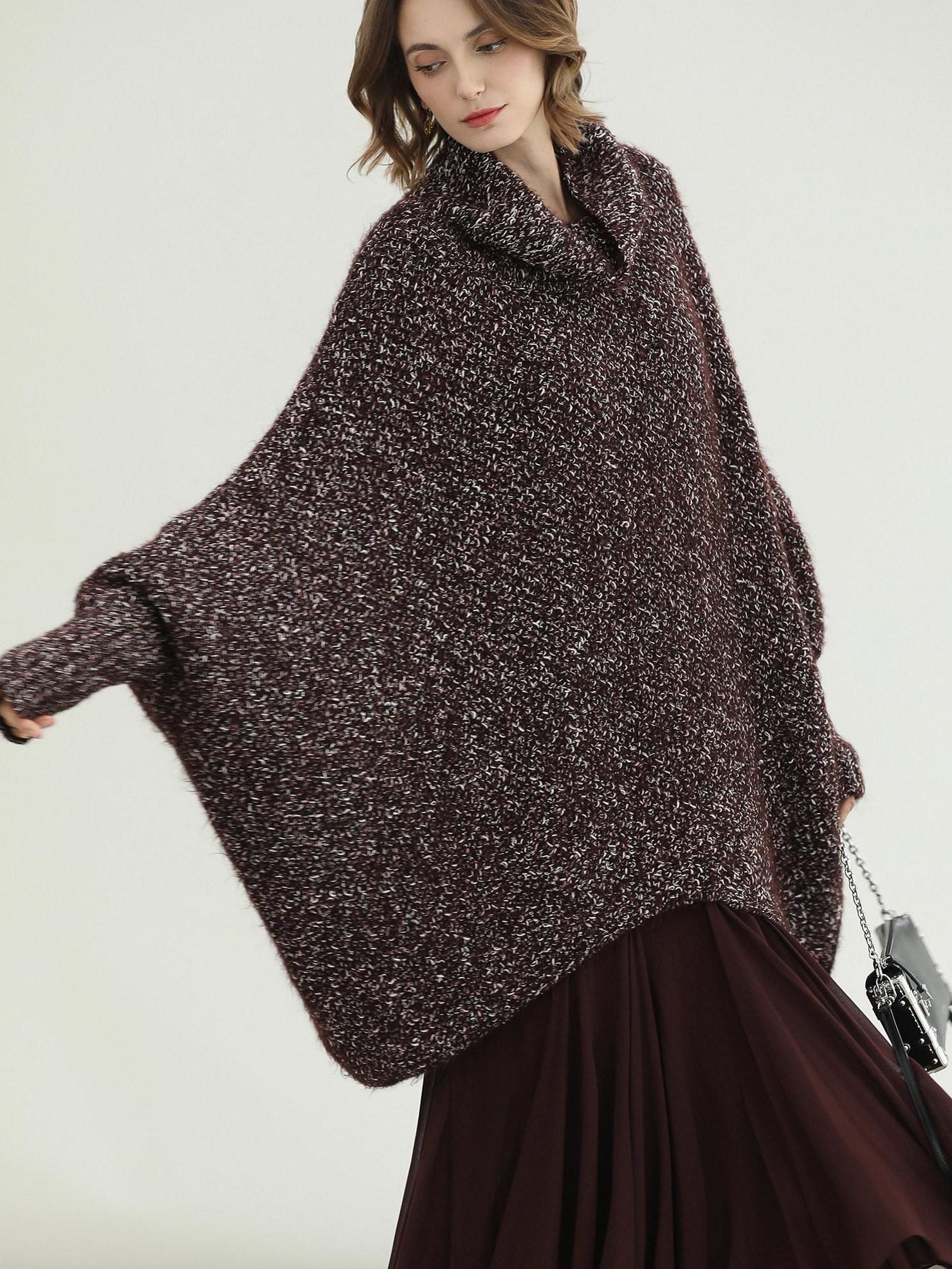 COCOBELLA Shiny Fancy Yarn Knit Office Loose Fit Batwing Long Sleeve High Neck Dresses