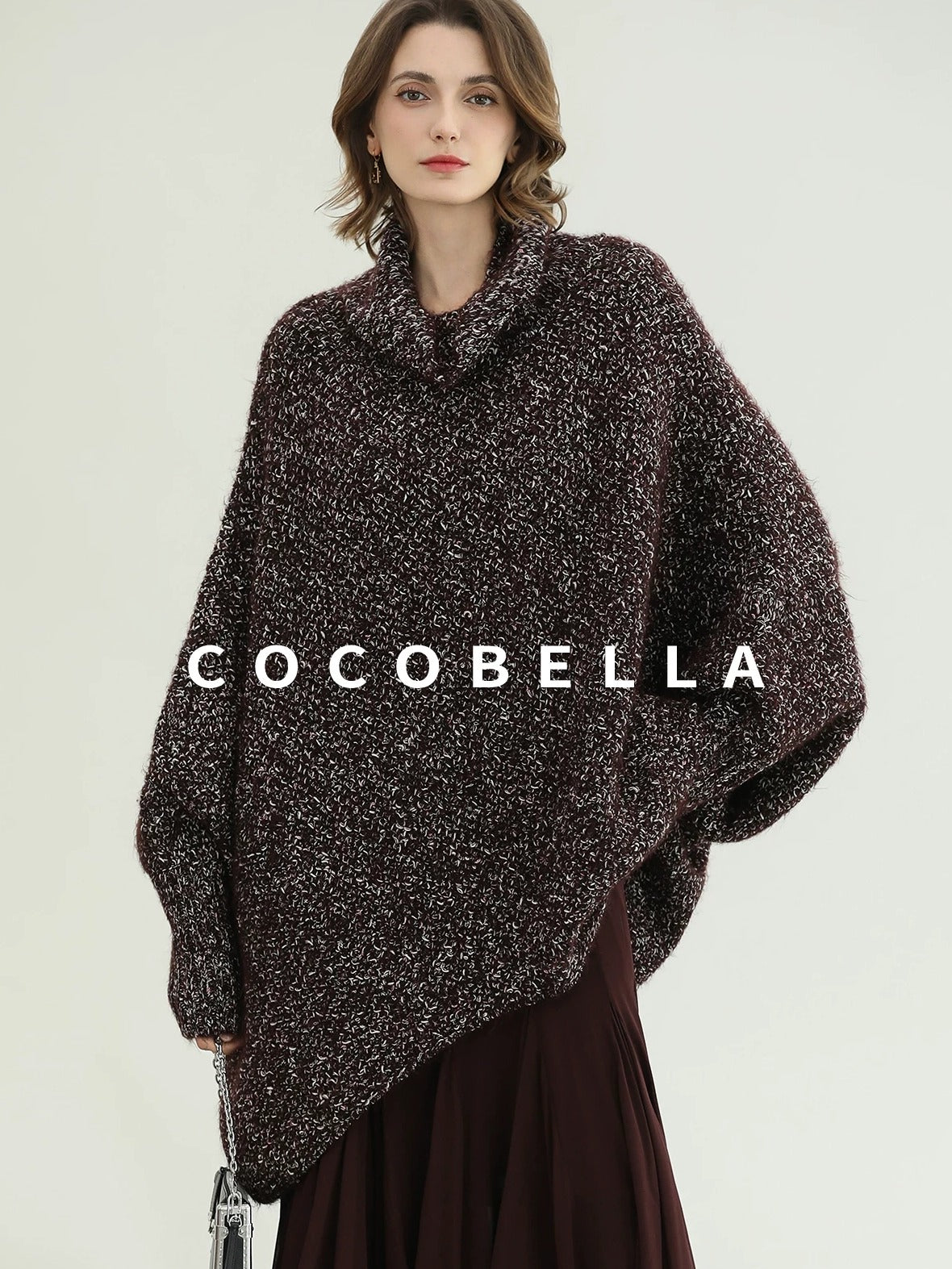 COCOBELLA Shiny Fancy Yarn Knit Office Loose Fit Batwing Long Sleeve High Neck Dresses