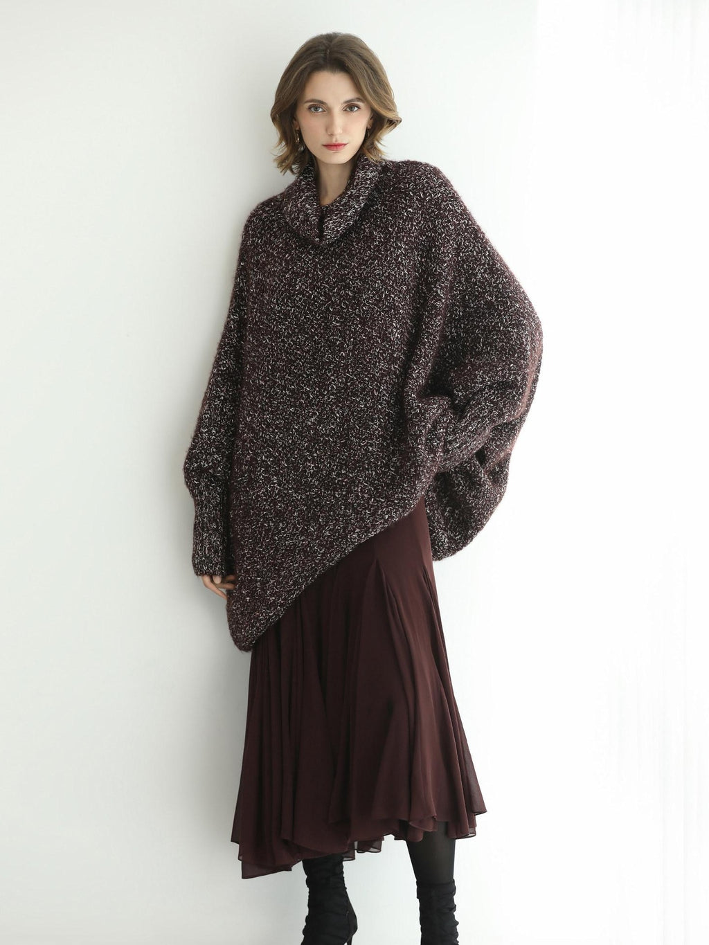 COCOBELLA Shiny Fancy Yarn Knit Office Loose Fit Batwing Long Sleeve High Neck Dresses