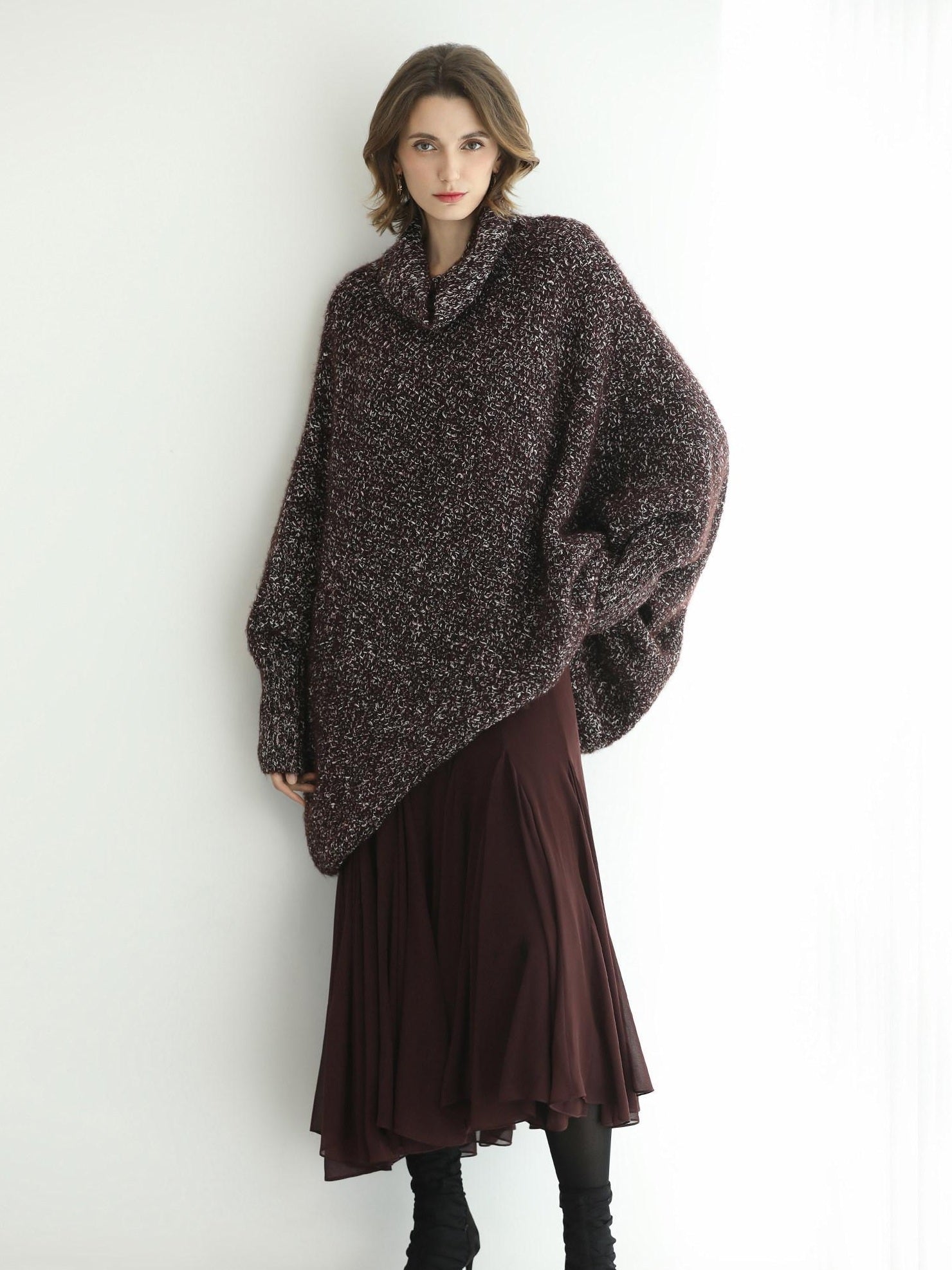 COCOBELLA Shiny Fancy Yarn Knit Office Loose Fit Batwing Long Sleeve High Neck Dresses