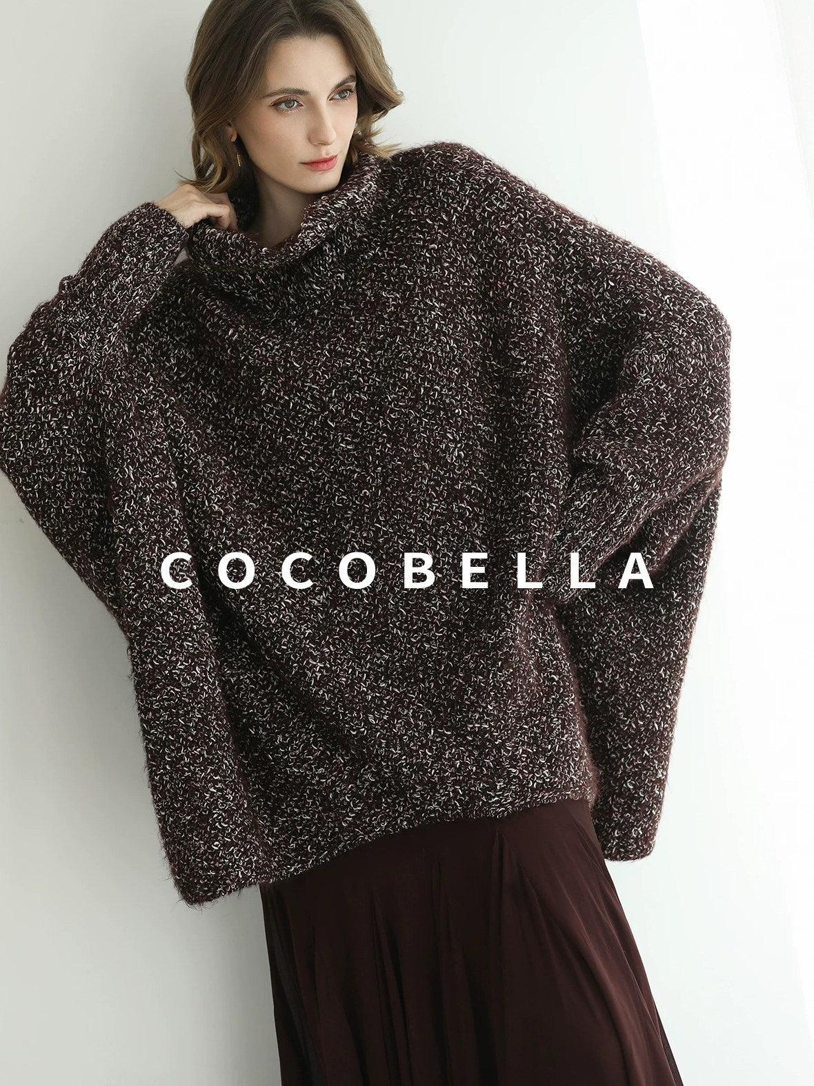 COCOBELLA Shiny Fancy Yarn Knit Office Loose Fit Batwing Long Sleeve High Neck Dresses