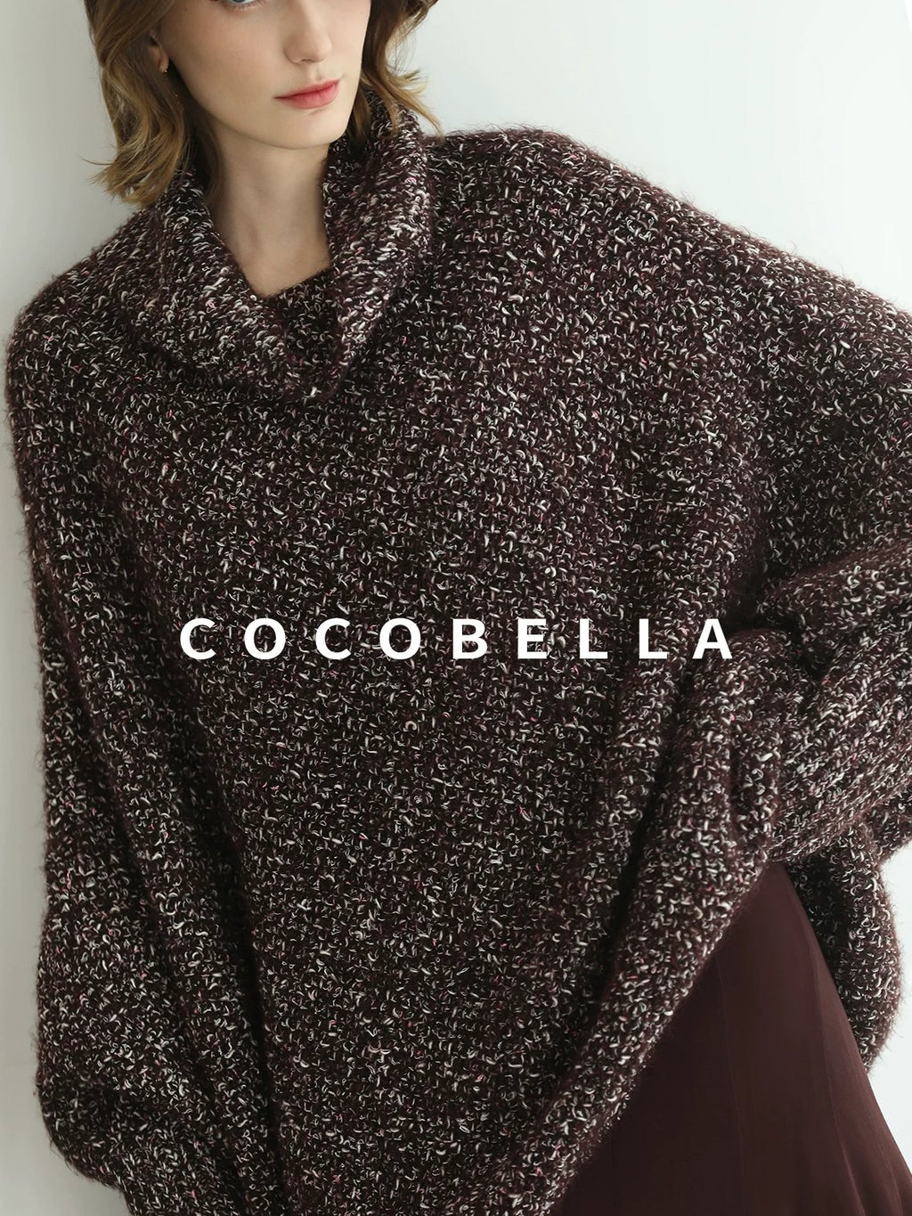 COCOBELLA Shiny Fancy Yarn Knit Office Loose Fit Batwing Long Sleeve High Neck Dresses