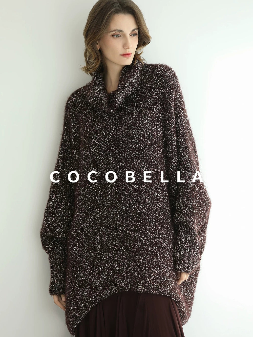COCOBELLA Shiny Fancy Yarn Knit Office Loose Fit Batwing Long Sleeve High Neck Dresses