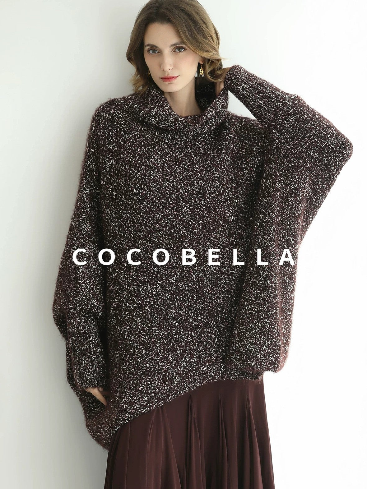 COCOBELLA Shiny Fancy Yarn Knit Office Loose Fit Batwing Long Sleeve High Neck Dresses
