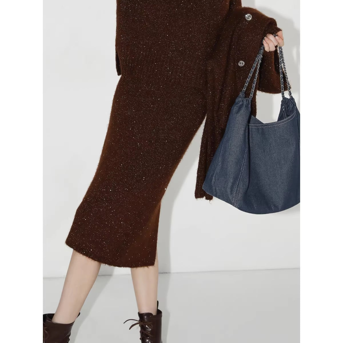 COCOBELLA_Shiny_Sequin_Mid_Waist_Pencil_Knit_H_Line_Ladylike_Work_Women_Caramel_Skirts_MISSTT