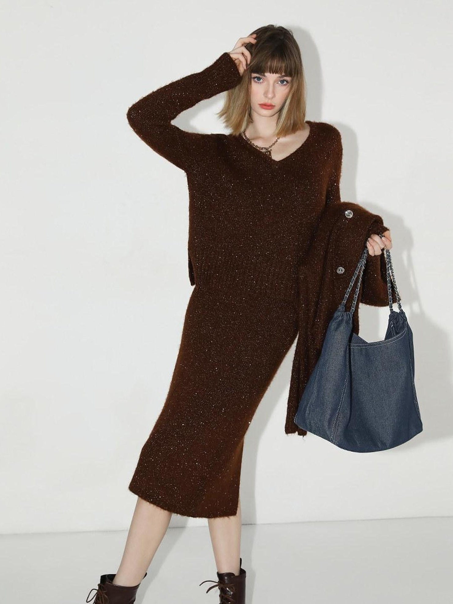 COCOBELLA Shiny Sequin Mid Waist Pencil Knit H Line Ladylike Work Women Caramel Skirts